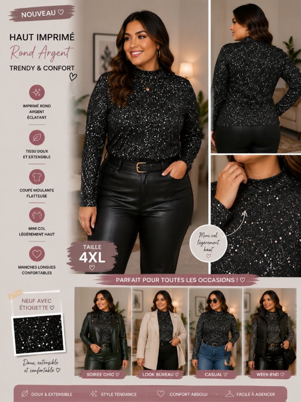 Black Glitter Mock Neck Top – Plus Size 4XL – Sparkly Long Sleeve Party Blouse